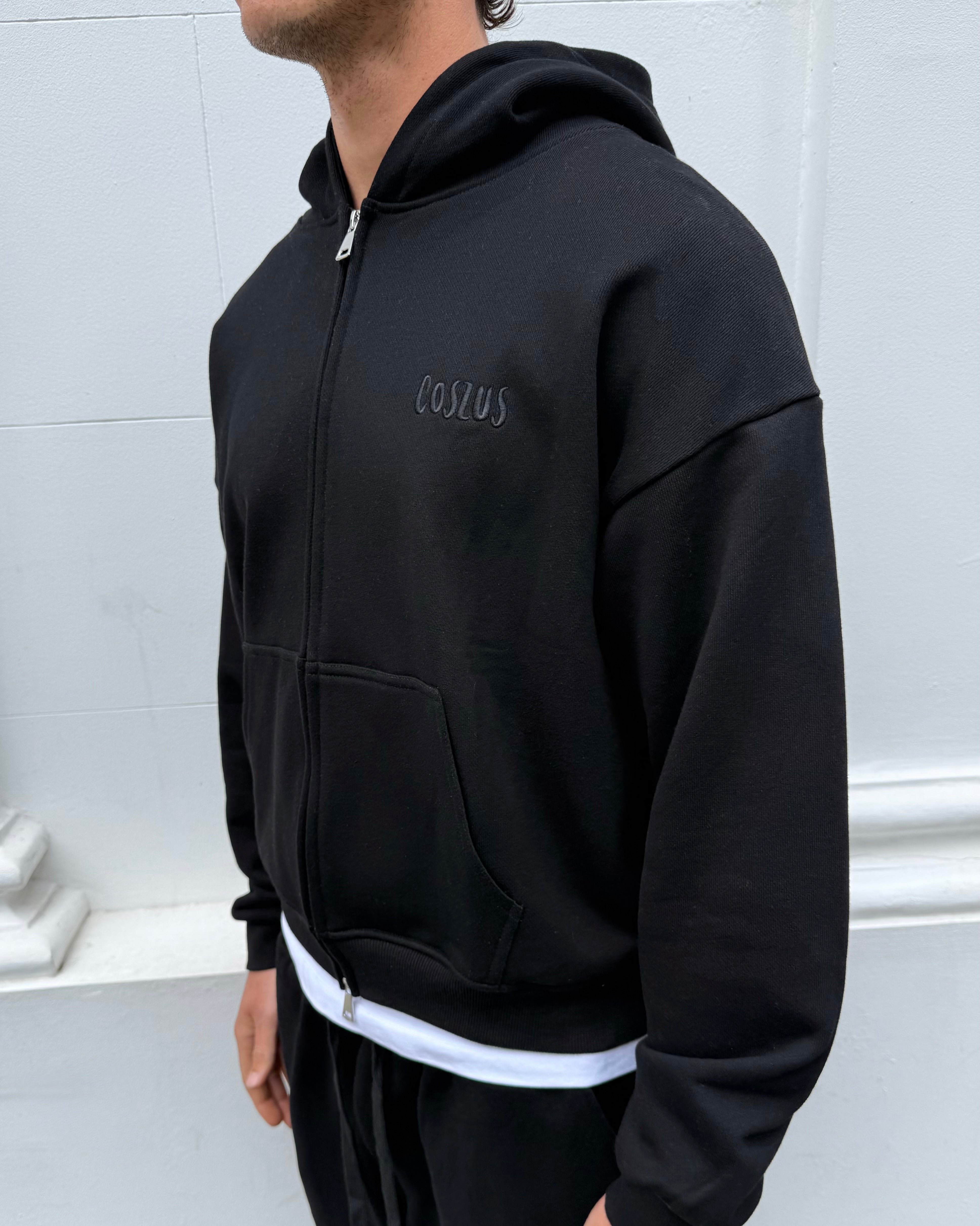 EMBROIDERED ZIP HOODIE BLACK – Coszus